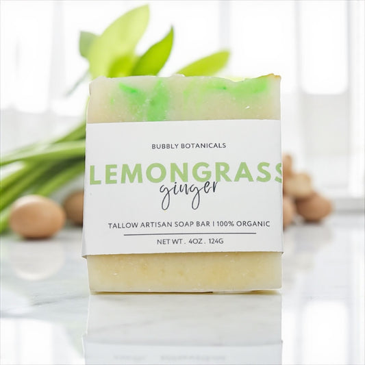 Bar of soap with a 'Lemongrass Ginger' label on a white background