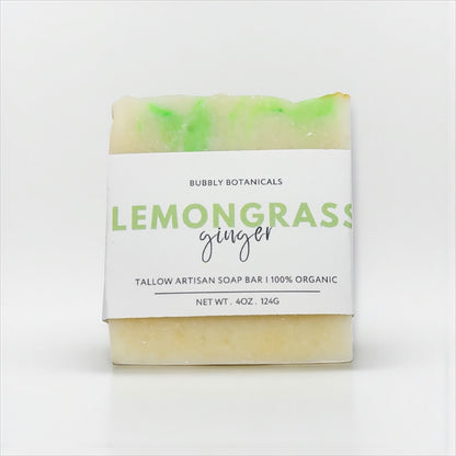 Bar of soap with a 'Lemongrass Ginger' label on a white background