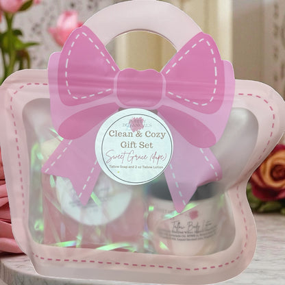 Pink gift set with a bow and 'Clean & Cozy Gift Set' label, featuring a bottle and a box.