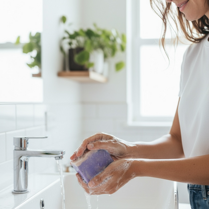 Woman washing hands with soap in a bright bathroom