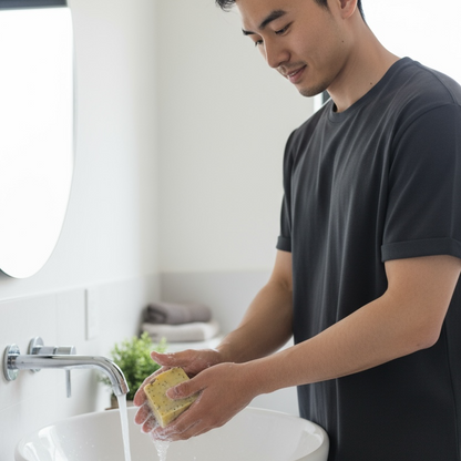 Man washing hands with soap in a modern bathroom