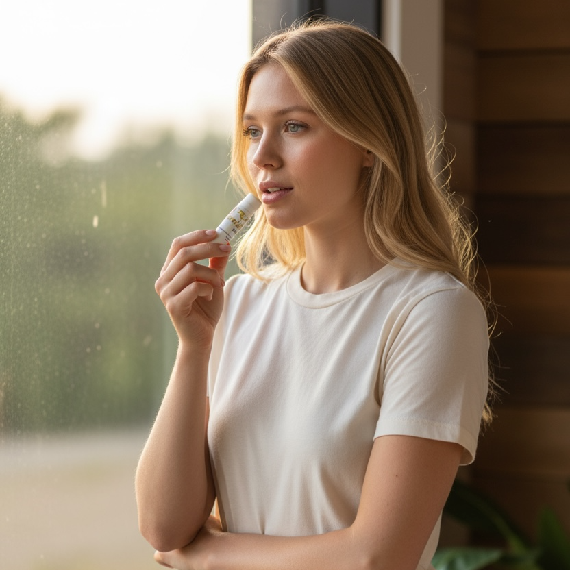 Woman holding a small white object outdoors with a blurred natural background