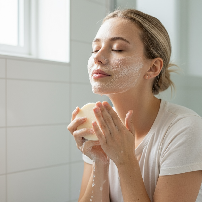 Woman applying soap to her face in a bathroom