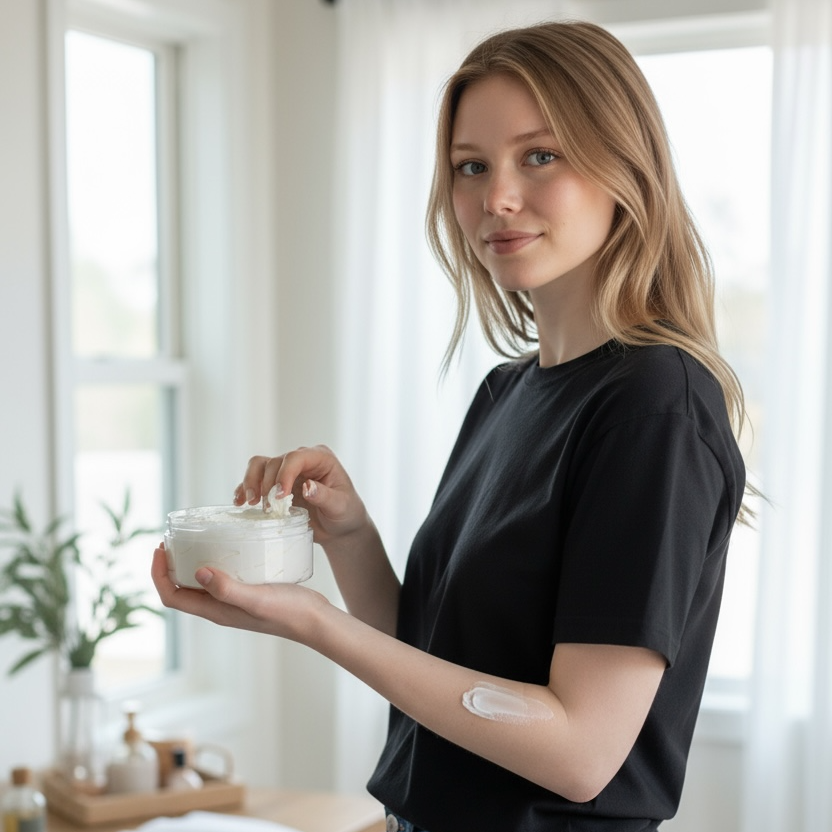 Woman holding a white container in a bright, minimalistic room.