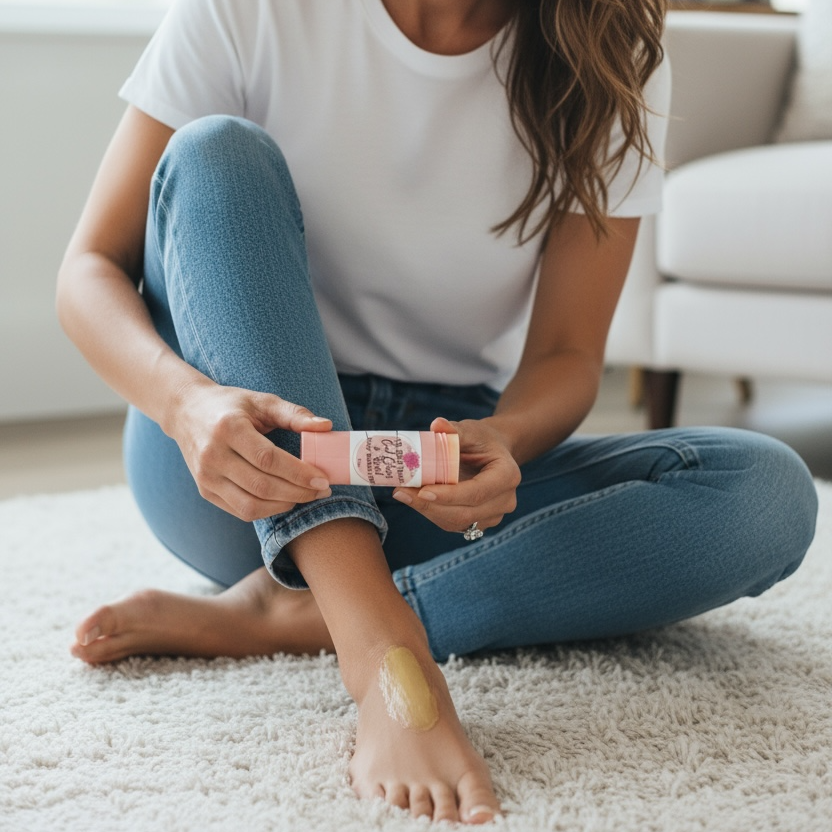 Woman applying lotion to her foot in a bright living room.