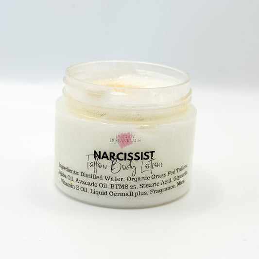 Jar of 'Narcissist' body lotion with visible text on a white background