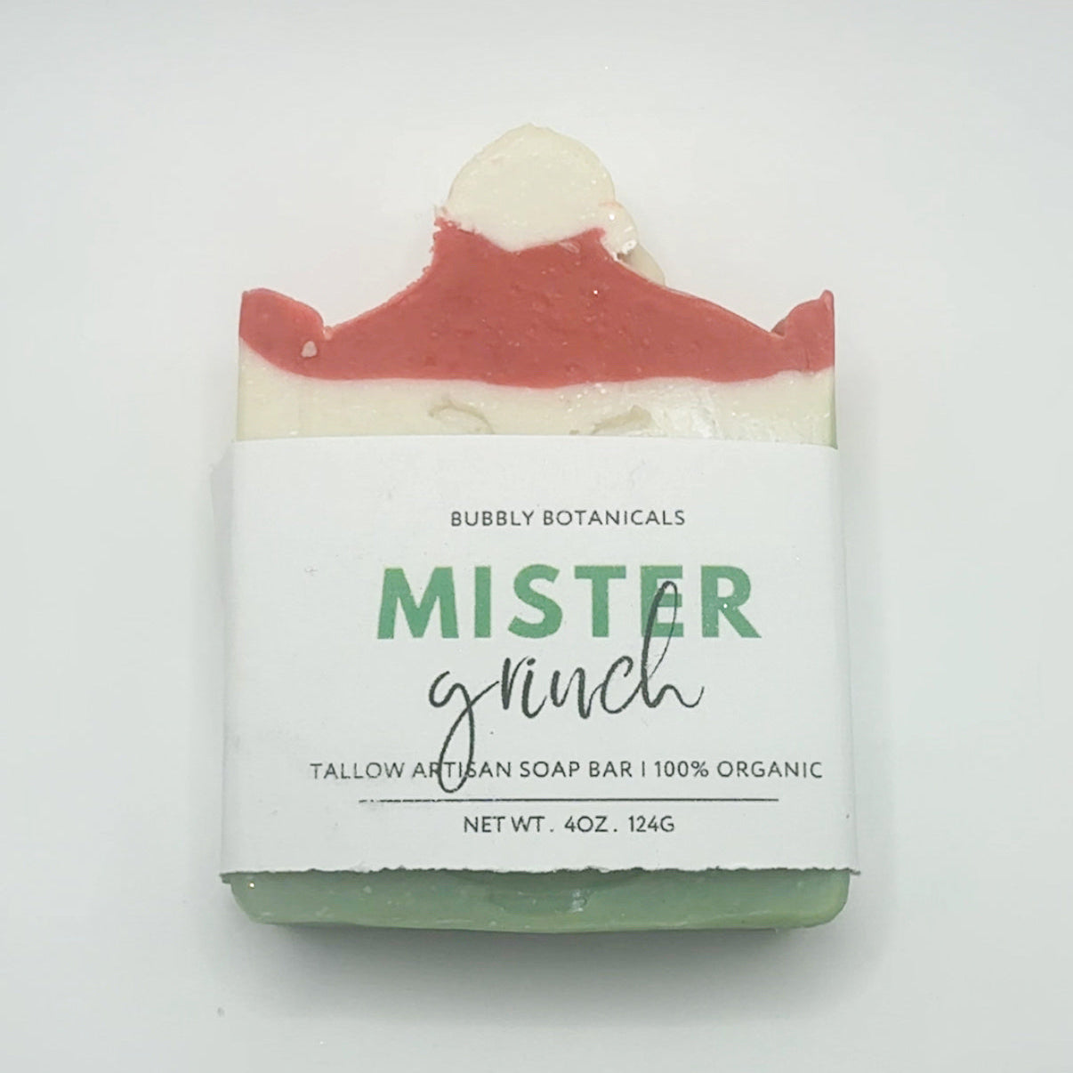 Bar of soap with a 'Mister Grinch' design on a white background