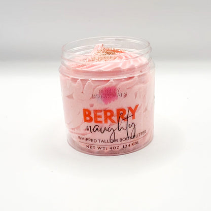 Jar of pink whipped tallow body butter labeled 'Berry Naughty' on a white background