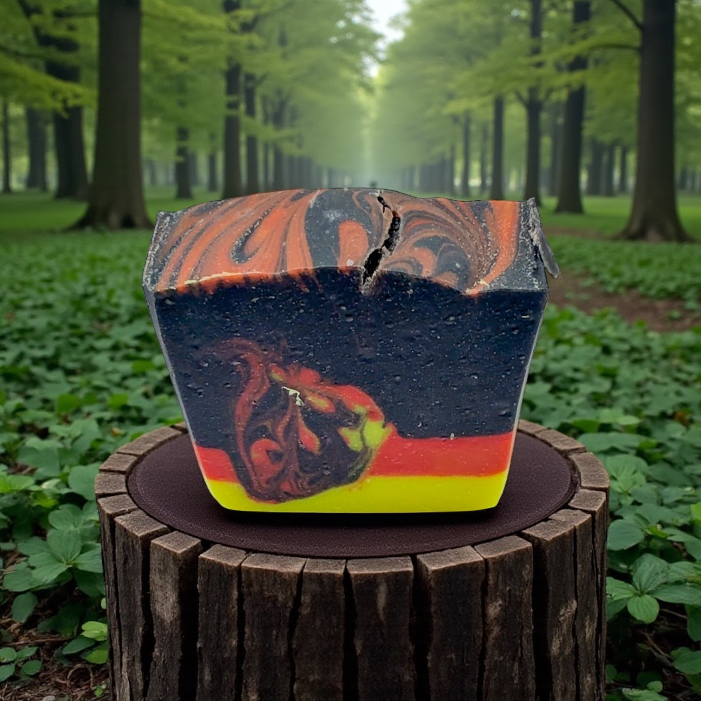 Colorful soap bar with marbled design on a wooden stump in a forest setting