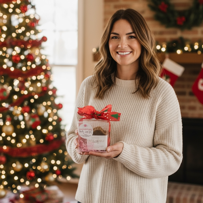 Woman holding a gift box in a festive room with Christmas decorations.