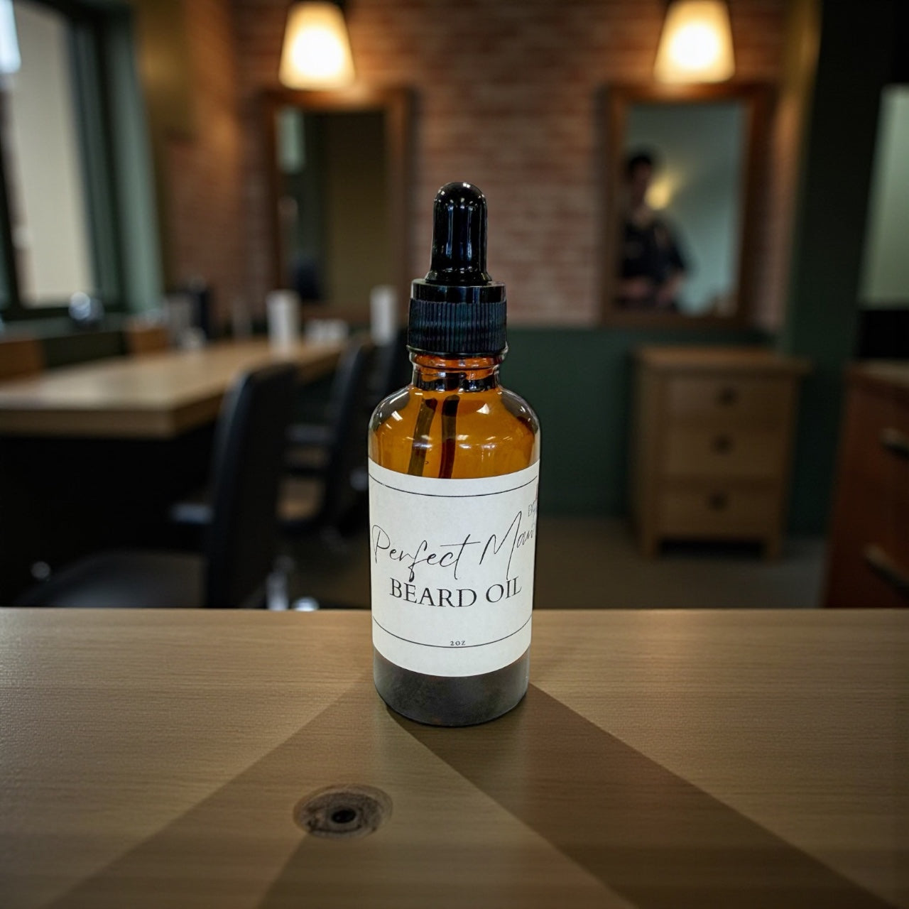 Bottle of Perfect Man Beard Oil on a wooden surface with a blurred background