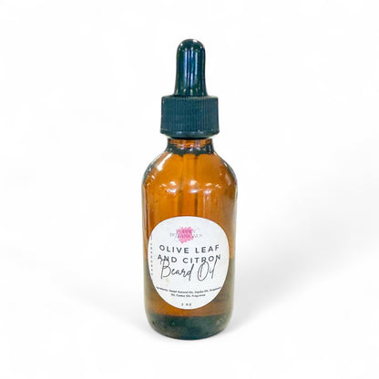Bottle of olive leaf and citron beard oil with a dropper on a white background