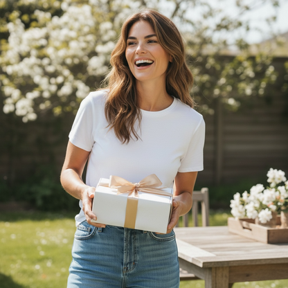 Woman holding a gift box outdoors with greenery in the background