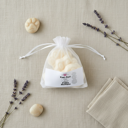 Bag of dog treats with lavender and a towel on a textured surface