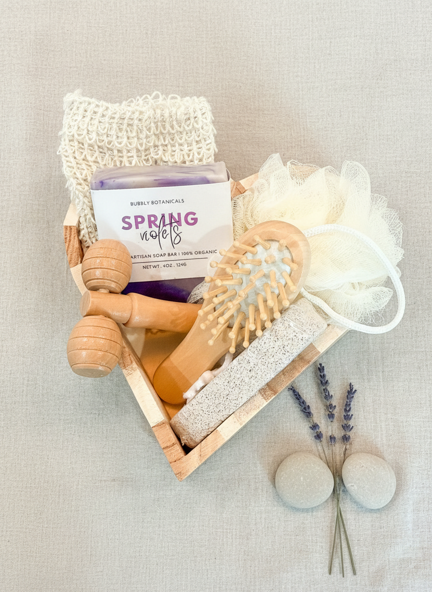 Wooden Heart Spa Gift Set | Soap, Body Brush & Bath Accessories