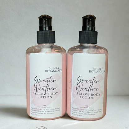 Two bottles of Bubly Botanicals Sweater Weather Tallow Body Lotion on a light background