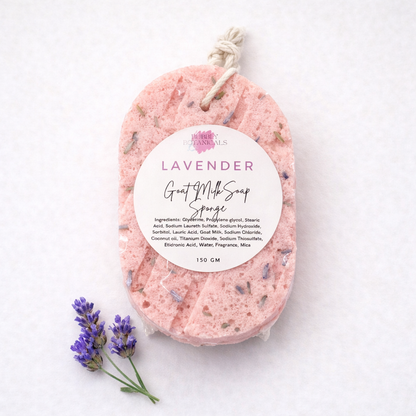 Pink goat milk soap sponge with lavender flowers on a white background