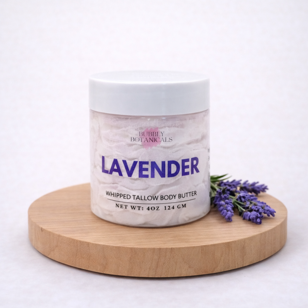 Lavender tallow body butter jar with calming floral scent for dry skin