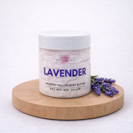Lavender tallow body butter jar with calming floral scent for dry skin