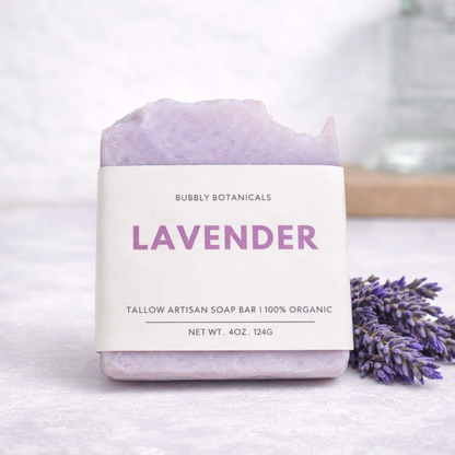 Lavender soap bar with a visible brand label on a white background