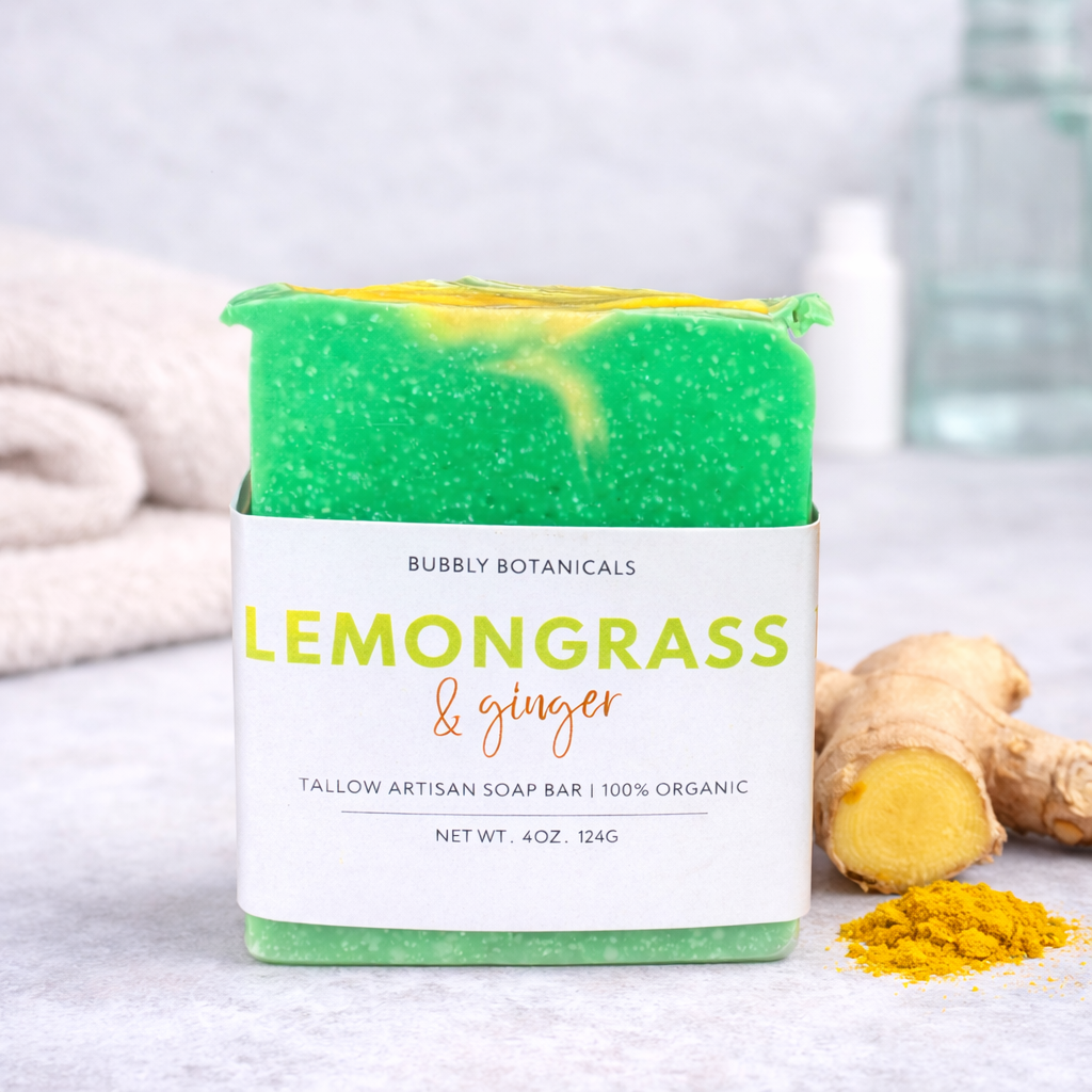 Bar of soap with 'Lemongrass & Ginger' label on a neutral background