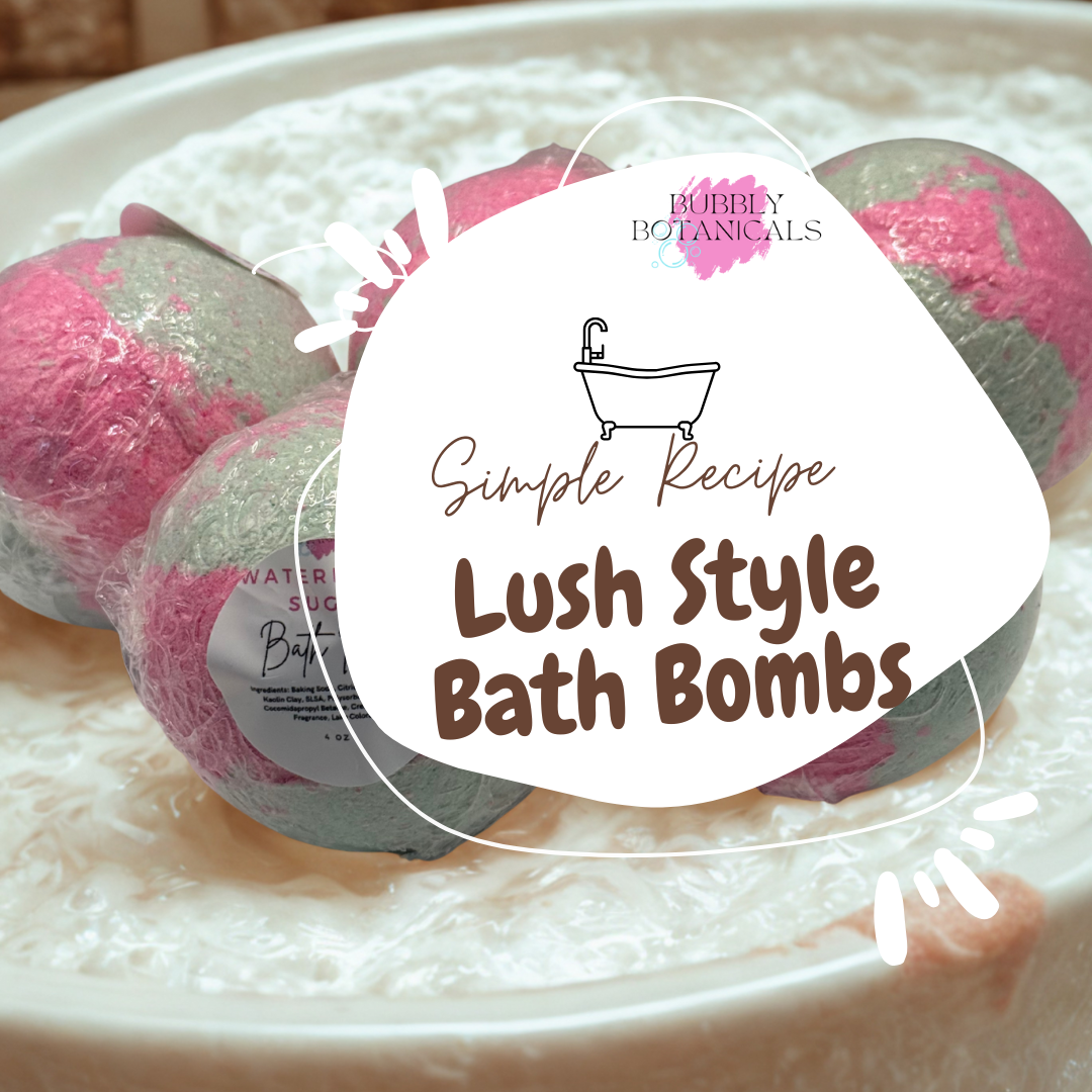 Pink and gray bath bombs on a white plate with 'Bubly Botanicals' label.