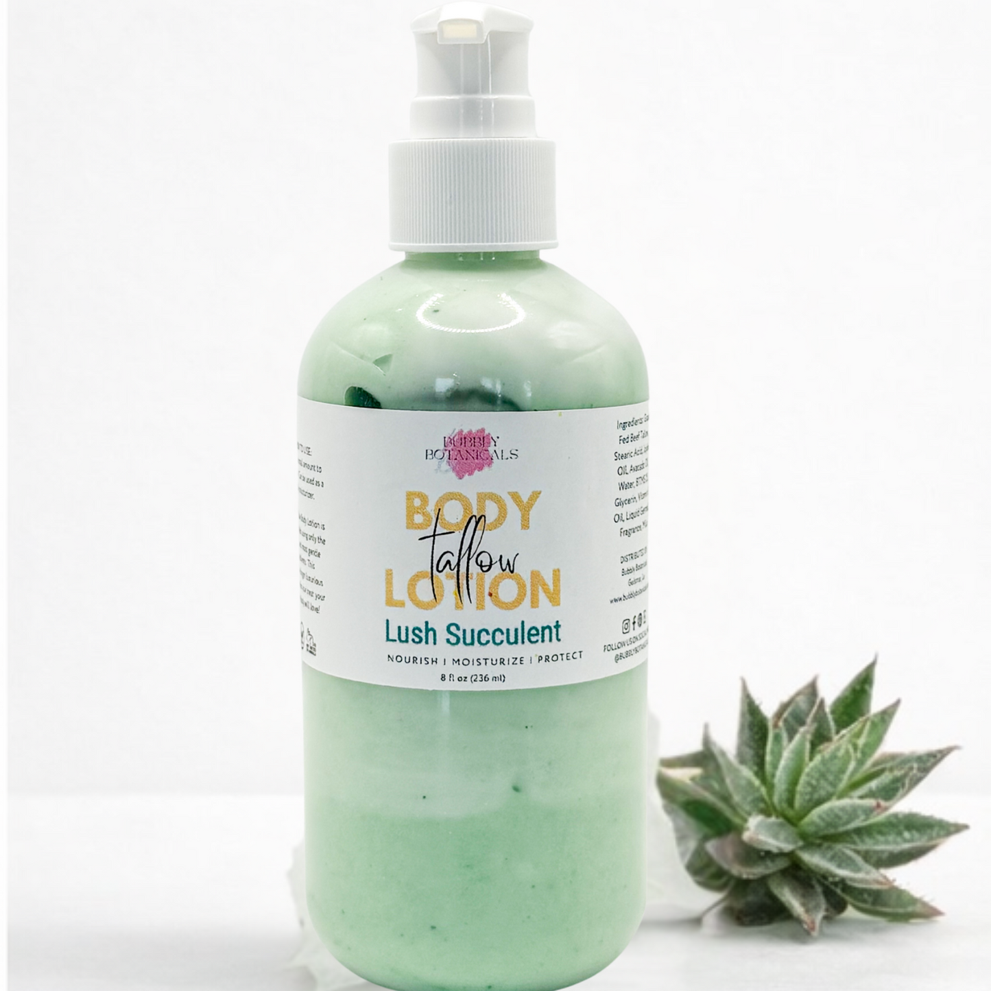 Green lotion bottle with a white pump on a white background, featuring a succulent plant.