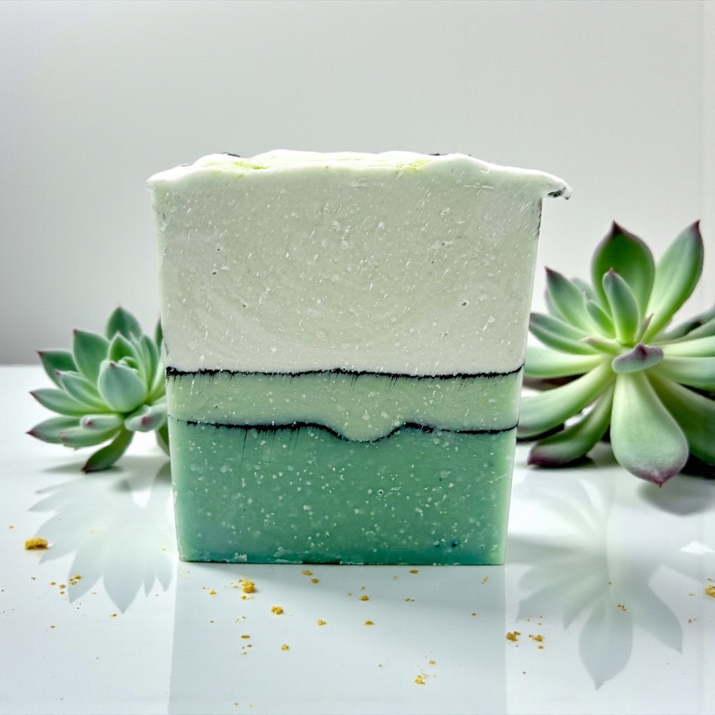 Green and white layered soap bar with succulents on a light background
