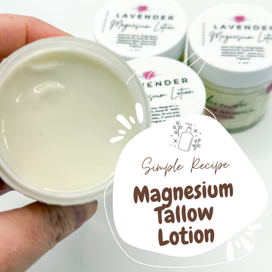 Hand holding a jar of magnesium tallow lotion with 'Simple Recipe' branding.