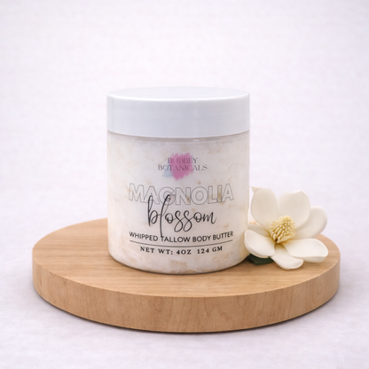 Magnolia blossom tallow body butter jar with soft floral scent for dry skin