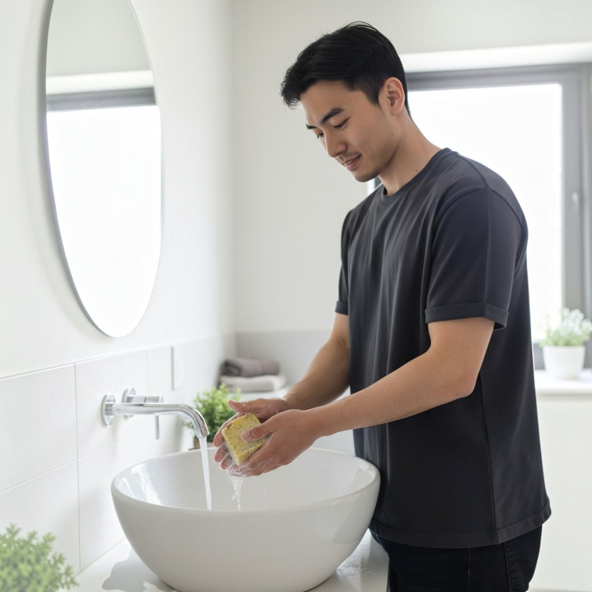 man washing hands in a bathroom with grass fed artisan tallow soap
