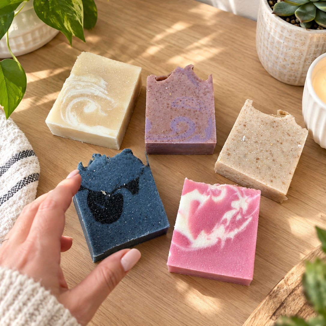 Woman reaching for tallow soaps on light wood countertop with greenery around.  Bubbly botanicals tallow soaps in many different designs are available to choose
