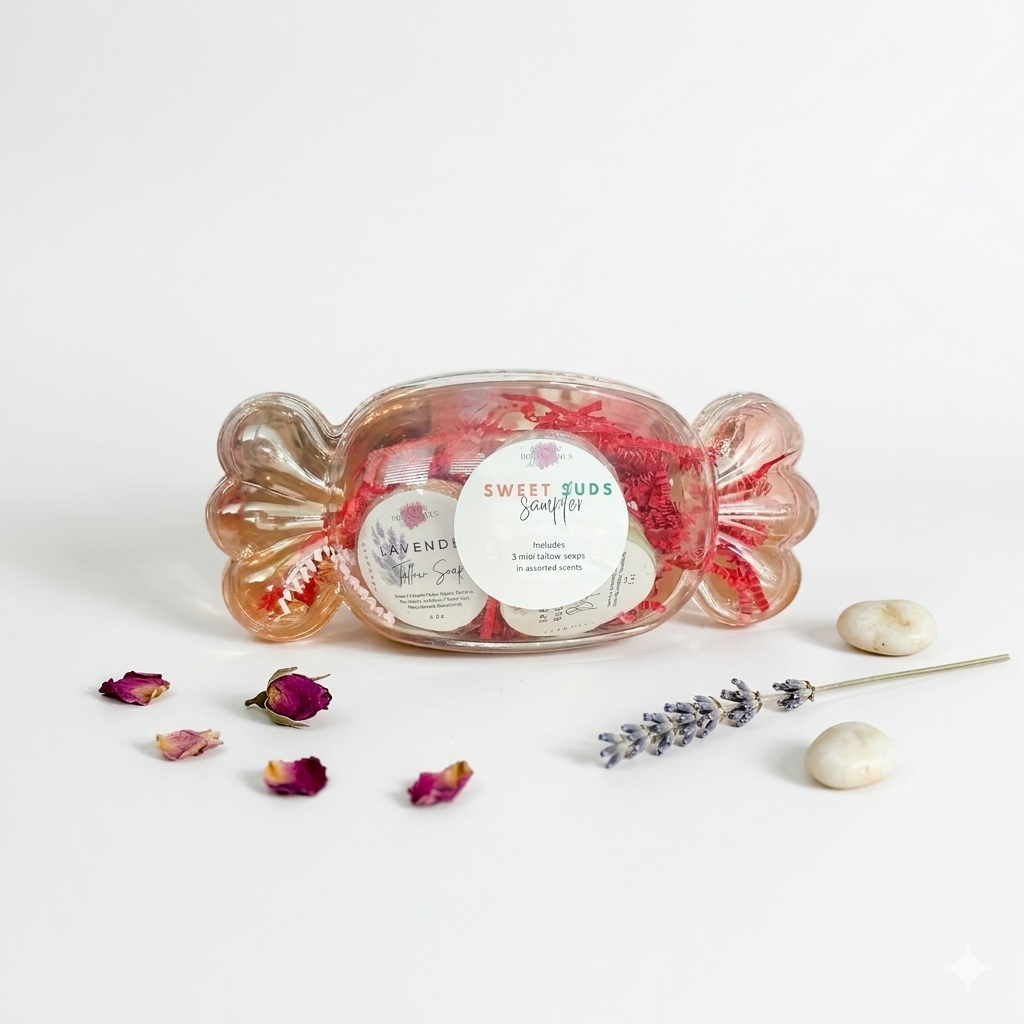 Decorative candy dish with a sweet treat, surrounded by dried flowers and lavender on a light background.