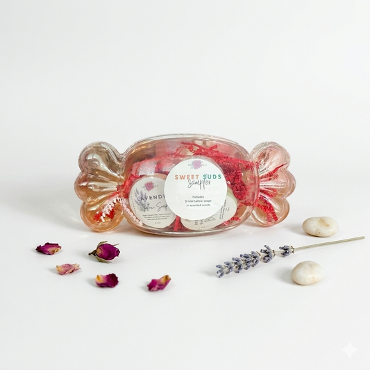 Sweet Suds sampler of mini tallow soaps by Bubbly Botanicals in a decorative dish