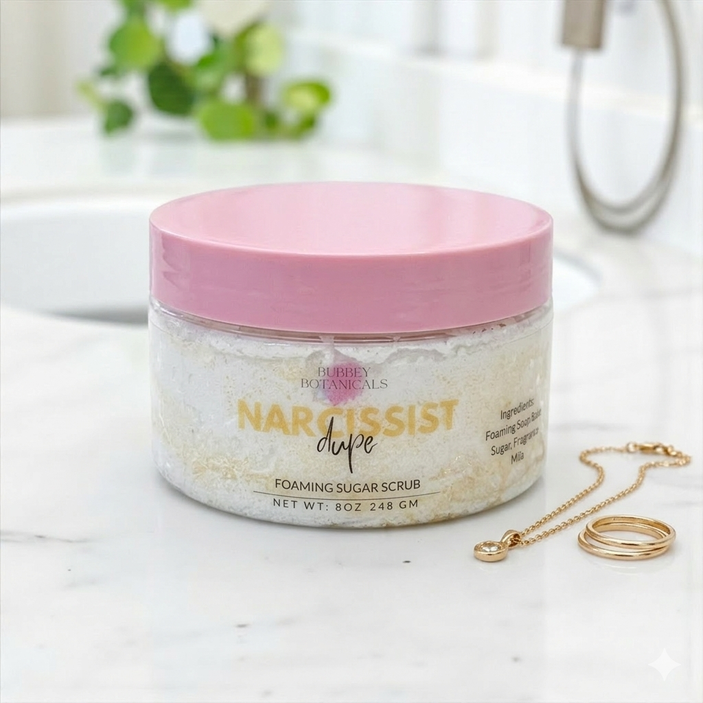 Jar of foaming sugar scrub with pink lid on a bathroom counter