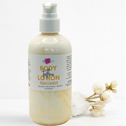 Bottle of body lotion with a label on a white background