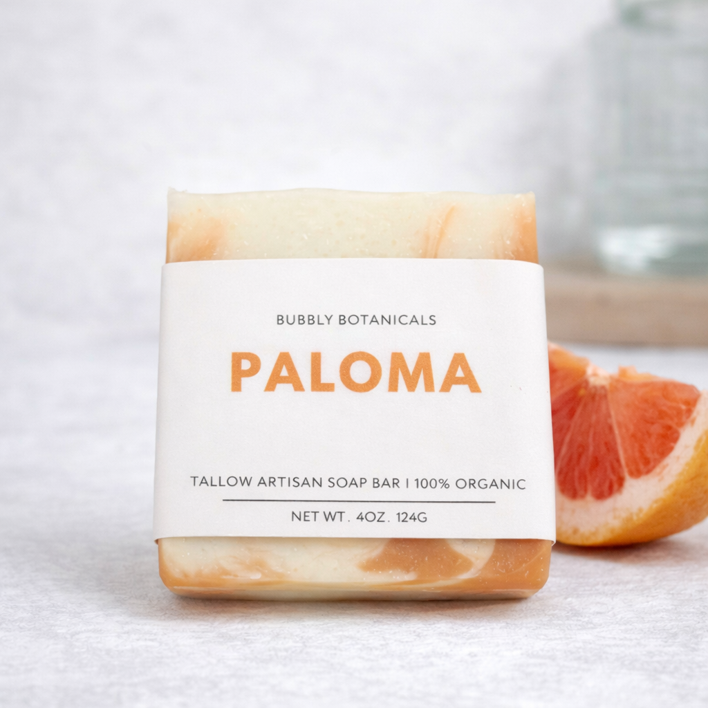 Grass-fed tallow Soap bar with 'Paloma' branding on a white background