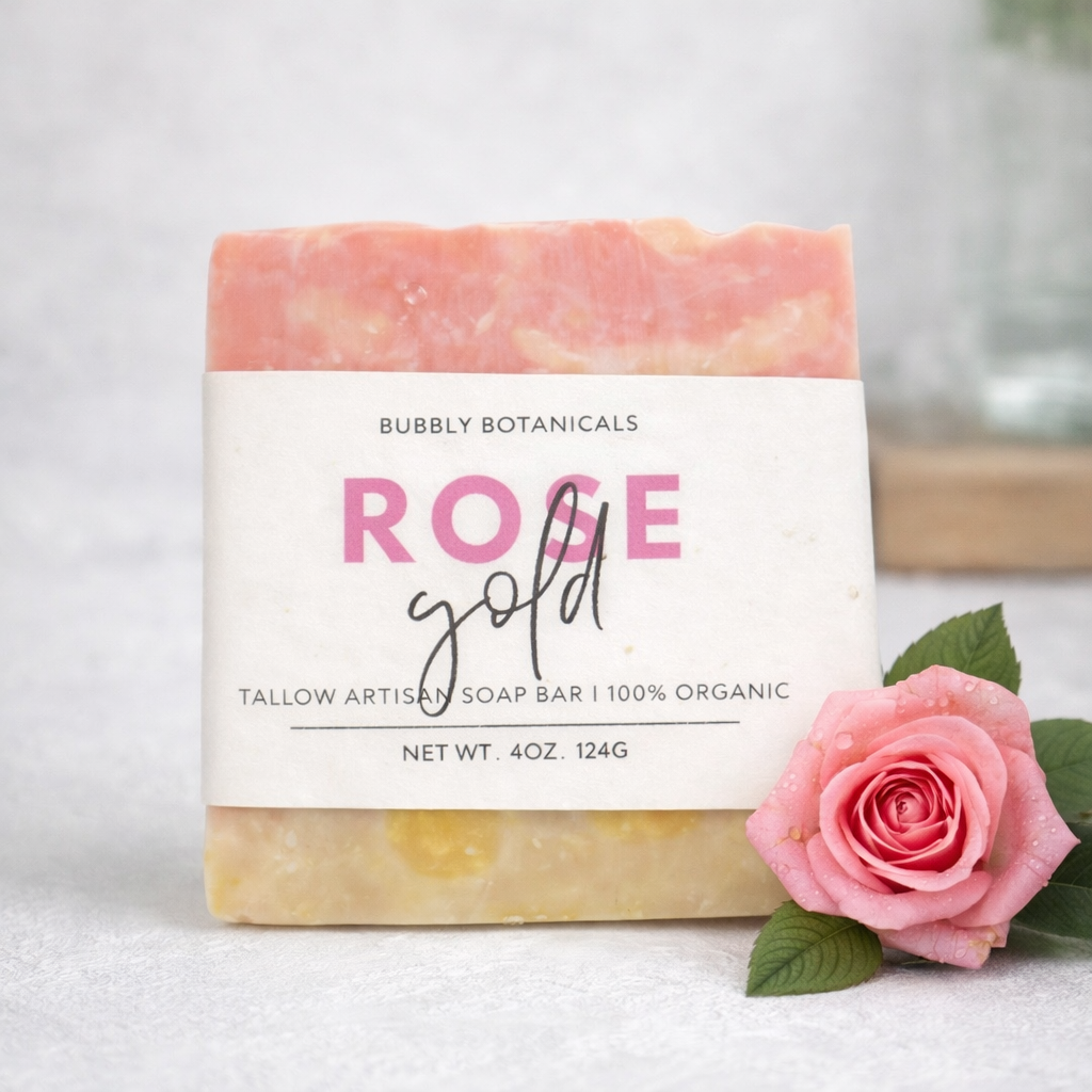Bar of soap with 'Bubbly Botanicals' branding and a pink rose on a light background