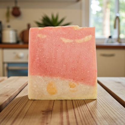 Two-tone pink and beige soap bar on a wooden surface with a kitchen background