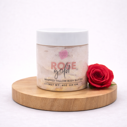 Rose Gold tallow body butter jar with sweet floral fruity scent for dry skin