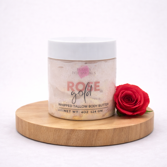 Rose Gold tallow body butter jar with sweet floral fruity scent for dry skin