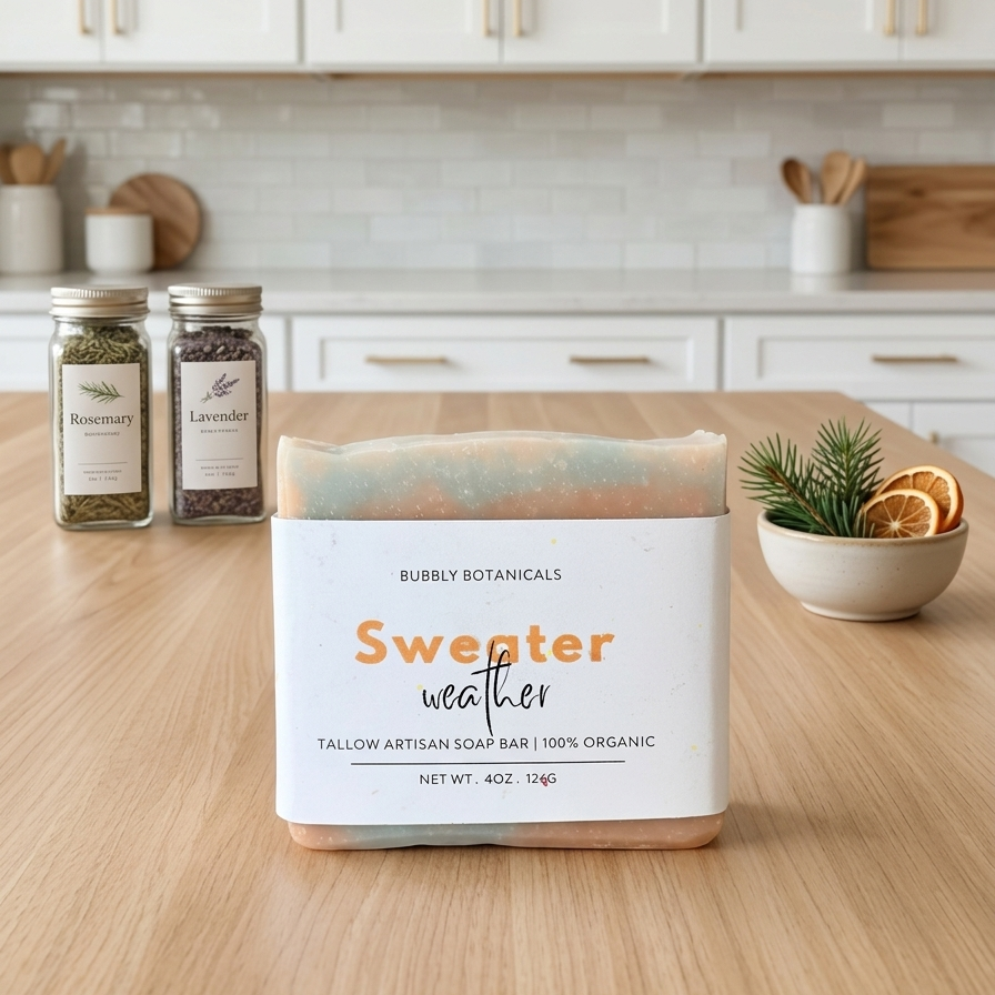 A packaged artisan soap bar labeled 'Sweeter weather' by Bubbly Botanicals sits on a wooden countertop in a bright kitchen setting. Two glass spice jars and a small bowl with dried citrus and greenery are visible in the background.