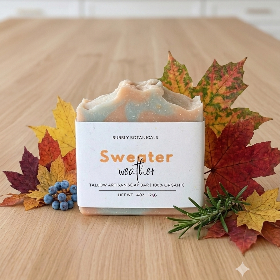 A rectangular bar of handmade tallow soap labeled 'Sweater weather' by Bubble Botanicals, styled on a wooden surface with autumn leaves, blue berries, and rosemary sprigs.