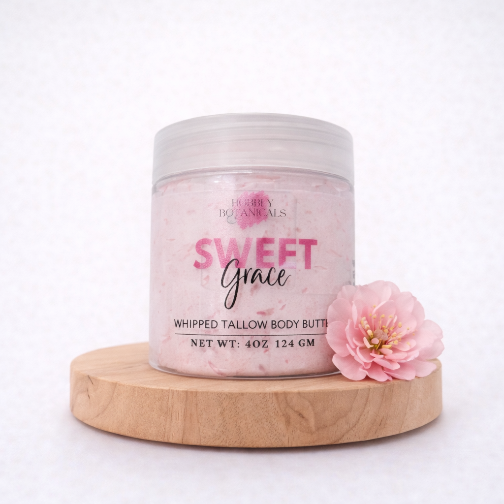 Sweet Grace tallow body butter jar with citrus and warm caramel scent for dry skin