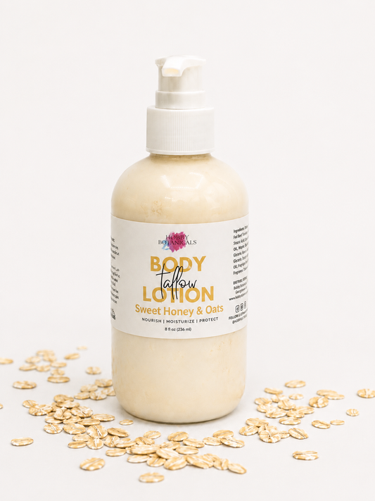 Grass-fed Tallow Body lotion bottle labeled 'Sweet Honey & Oats' with scattered oats on a white background