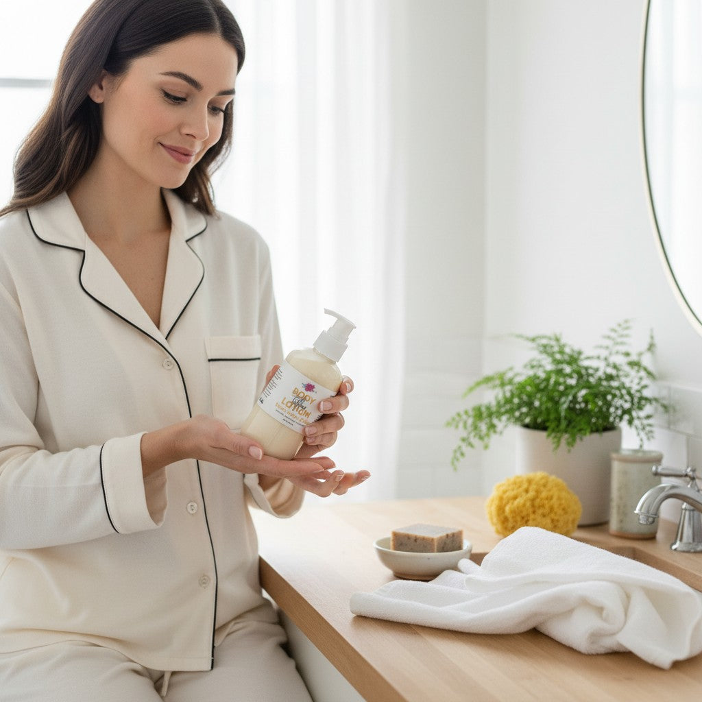 A woman in cream pajamas with black piping holds a pump bottle of artisan tallow body lotion over her hand in a bright bathroom setting with a wooden vanity, towel, and plant.