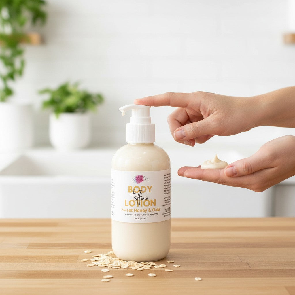 artisan tallow body lotion on a light wood counter being pumped into a woman's hand