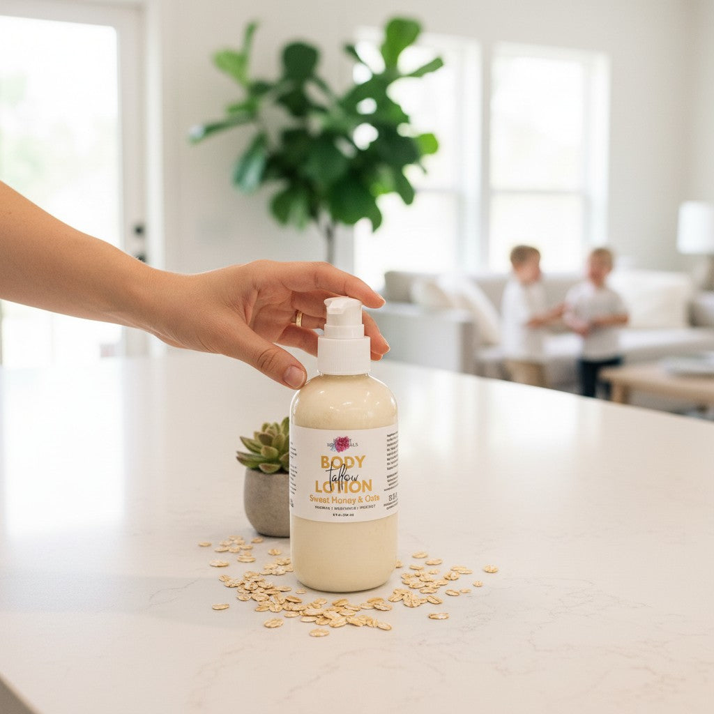 Artisan tallow body lotion on a white countertop with children in the background.