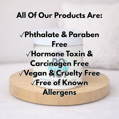 A jar of whipped tallow butter sits on a round wooden platform with large black text overlay listing product benefits such as phthalate and paraben free, hormone toxin and carcinogen free, vegan and cruelty free, and free of known allergens.