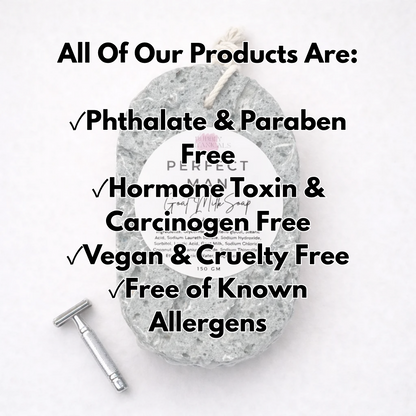 A gray textured goat milk soap sponge wrapped in clear plastic with a white paper label, shown on a white background with a silver safety razor. Large black text reads: 'All Of Our Products Are: Phthalate & Paraben Free, Hormone Toxin & Carcinogen Free, Vegan & Cruelty Free, Free of Known Allergens'.